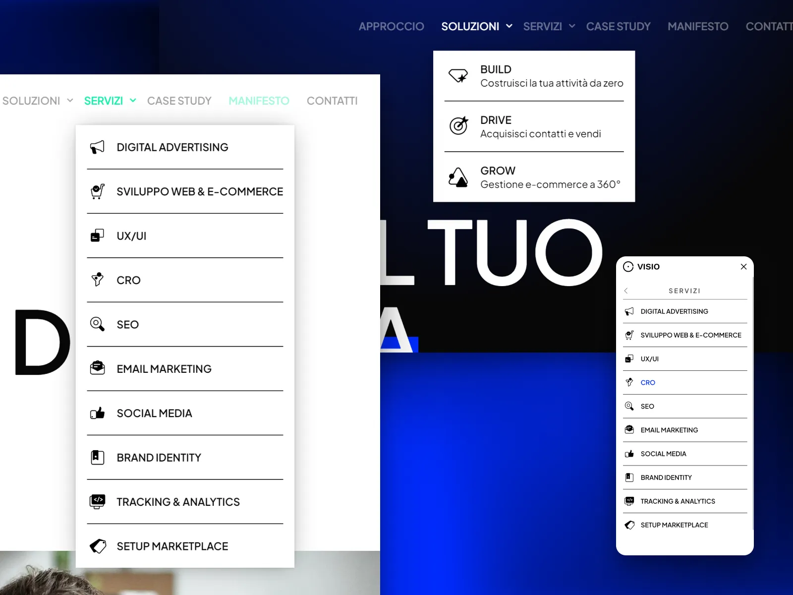 Detail of mobile and desktop navigation menu on www.visiodp.com
